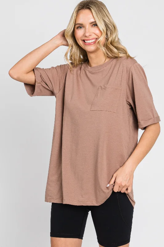 Weekend Deals That Sparkle Mocha Oversized Front Pocket Cuffed Short Sleeve Top