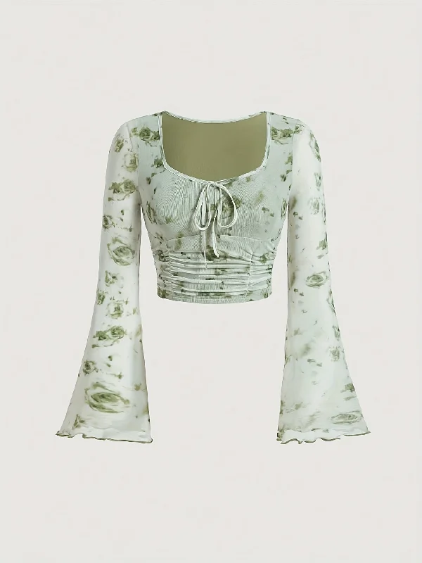 Weekend Bargains to Relish Sixsr Tie Dye Print Tie Front Ruched T-Shirt, Casual Long Flare Sleeve Top For Spring & Fall, Women's Clothing Weekend Bargains to Relish Sixsr Tie Dye Print Tie Front Ruched T-Shirt, Casual Long Flare Sleeve Top For Spring & Fall, Women's Clothing