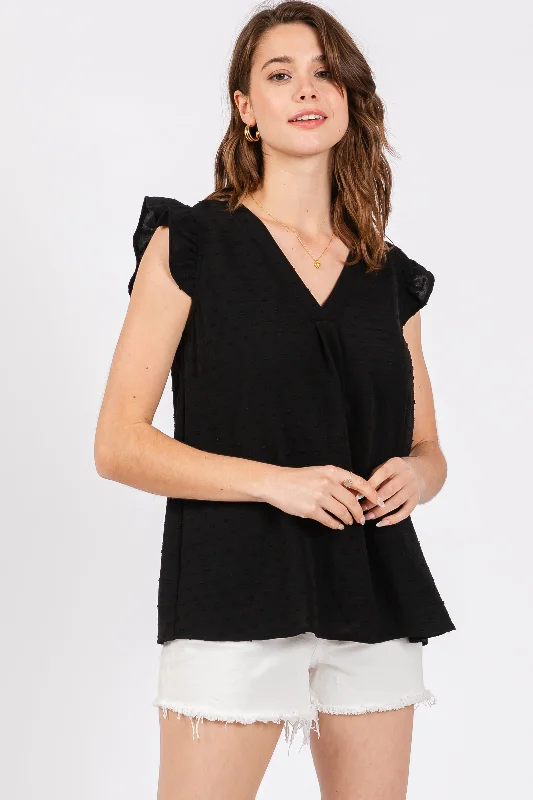 Bargain Alert Black Swiss Dot Flutter Sleeve V-Neck Top