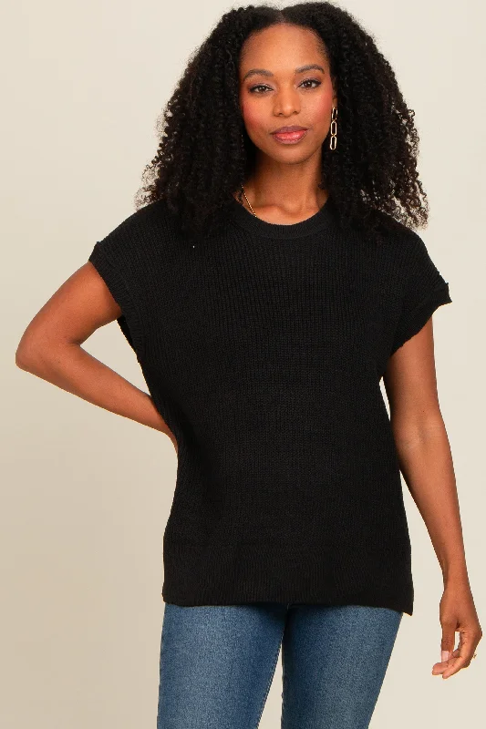 Weekend Bargains Just for You Black Dolman Short Sleeve Side Slit Sweater Top