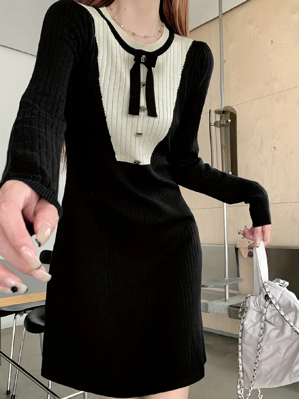 Weekend Savings Sensation Sixsr Color Block Button Decor Dress, Elegant Long Sleeve A-line Knit Tied Dress, Women's Clothing Weekend Savings Sensation Sixsr Color Block Button Decor Dress, Elegant Long Sleeve A-line Knit Tied Dress, Women's Clothing