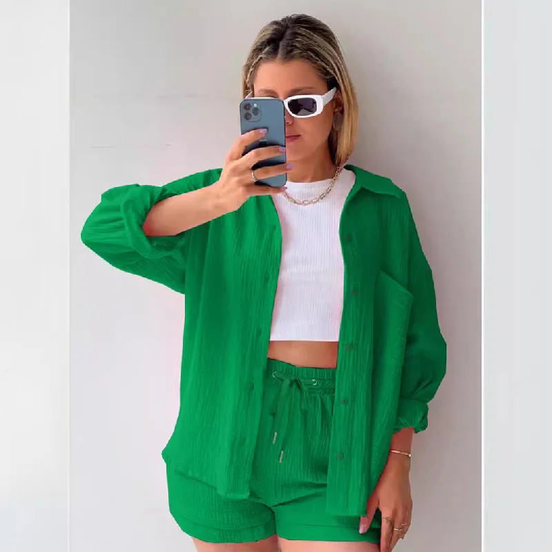 Sale Event SIXSR T107  2025 women's clothing, two-piece set of wrinkled cloth lapel collar long-sleeved shirt high waist drawstring shorts