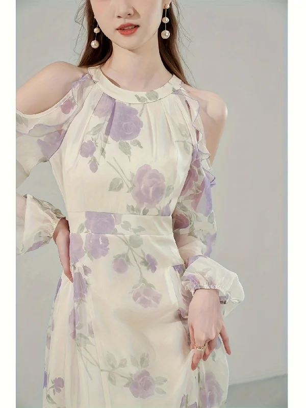 Year-End Clearance Floral Print Cold Shoulder Dress, Elegant Long Sleeve Dress For Spring & Fall, Women's Clothing