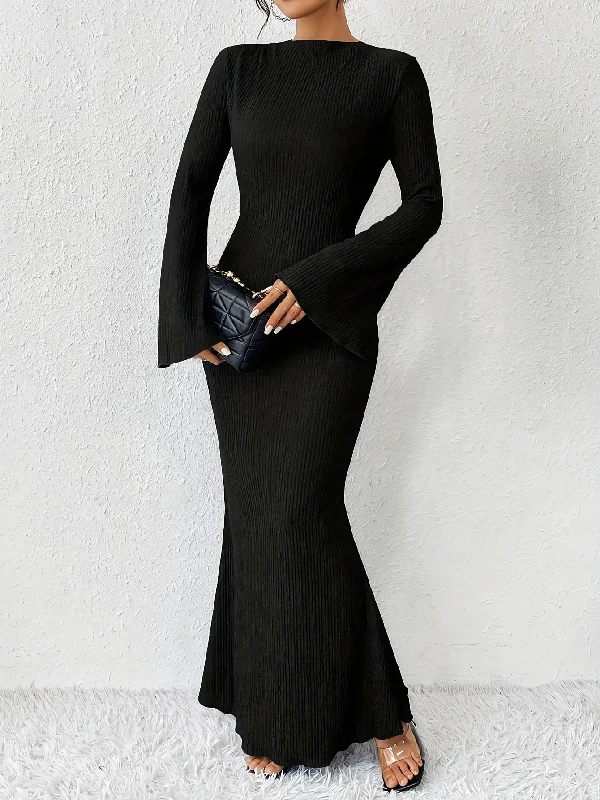 Year-End Clearance Sixsr Solid Flare Sleeve Mermaid Dress, Elegant Crew Neck Floor Length Fit & Flare Dress, Women's Clothing Year-End Clearance Sixsr Solid Flare Sleeve Mermaid Dress, Elegant Crew Neck Floor Length Fit & Flare Dress, Women's Clothing