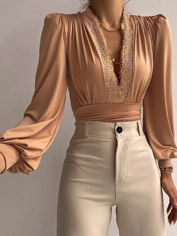Weekend Sale: Don't Miss Out Solid Deep V-neck Slim T-Shirt, Elegant Lantern Sleeve T-Shirt For Spring & Fall, Women's Clothing Weekend Sale: Don't Miss Out Solid Deep V-neck Slim T-Shirt, Elegant Lantern Sleeve T-Shirt For Spring & Fall, Women's Clothing