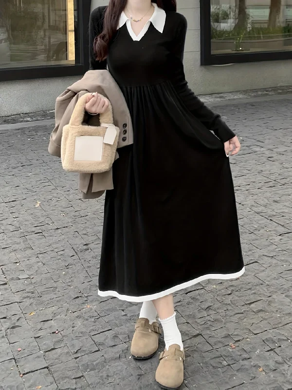 Weekend Offers That Amaze Sixsr Contrast Trim Collared Aline Dress, Elegant Long Sleeve Smocked Dress For Spring & Fall, Women's Clothing Weekend Offers That Amaze Sixsr Contrast Trim Collared Aline Dress, Elegant Long Sleeve Smocked Dress For Spring & Fall, Women's Clothing