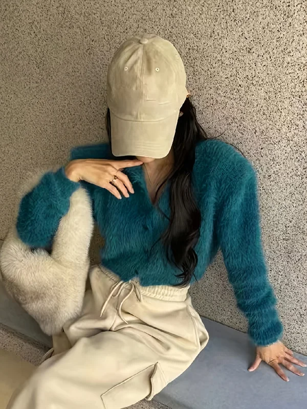 Weekend Deals That Sizzle Sixsr Solid Color Button Front Cardigans Top, Casual Slim Fuzzy Long Sleeve Crop Top For Fall & Winter, Women's Clothing