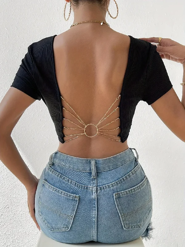 Weekend Discounts You Deserve Solid Crew Neck T-shirt, Y2K Ring Linked Chain Back Short Sleeve T-Shirt For Every Day, Women's Clothing