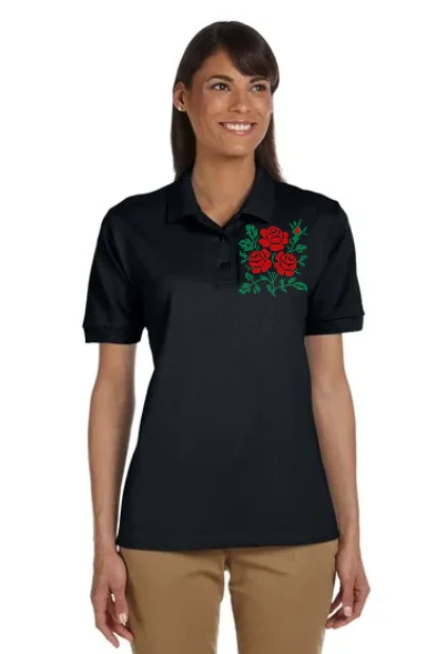 Today's Deal Women's polo shirt "Cross stitch roses" black