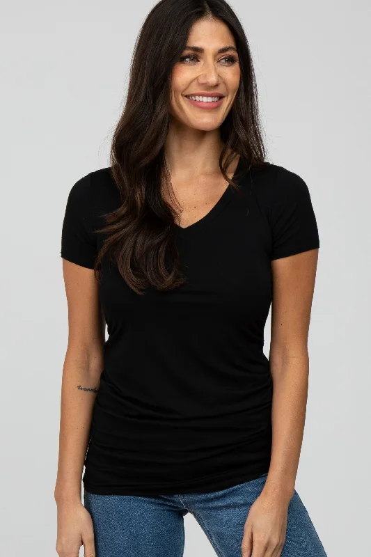 Super Sale Black V-Neck Ruched Side Top