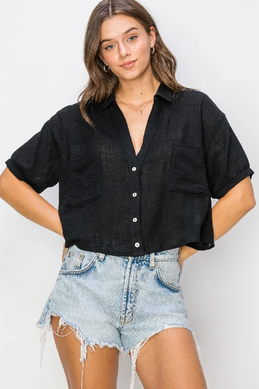 Overstock Sale Black Cotton Gauze Crop Shirt