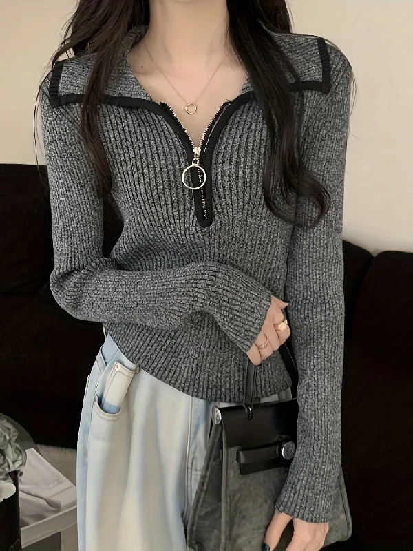 Weekend Savings Spectacular Sixsr Zip Turndown Collar Pullover Sweater, Casual Long Sleeve Slim Sweater, Women's Clothing Weekend Savings Spectacular Sixsr Zip Turndown Collar Pullover Sweater, Casual Long Sleeve Slim Sweater, Women's Clothing