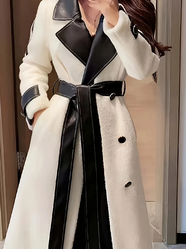 Mega Discount Sixsr Color Block Lapel Collar Belted Coat, Elegant Long Sleeve Plush Warm Outerwear, Women's Clothing Mega Discount Sixsr Color Block Lapel Collar Belted Coat, Elegant Long Sleeve Plush Warm Outerwear, Women's Clothing