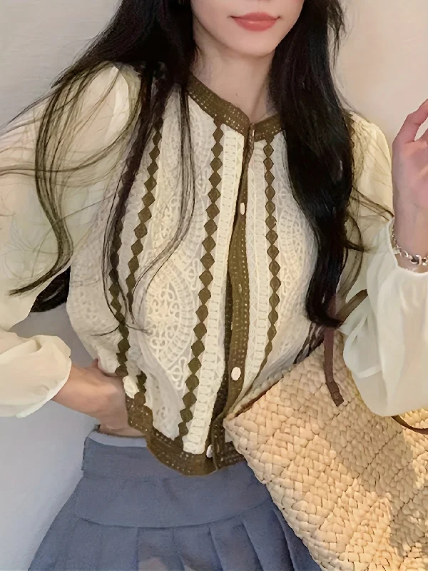 Special Price Sixsr Contrast Trim Button Front Blouse, Elegant Long Sleeve Blouse For Spring & Fall, Women's Clothing Special Price Sixsr Contrast Trim Button Front Blouse, Elegant Long Sleeve Blouse For Spring & Fall, Women's Clothing