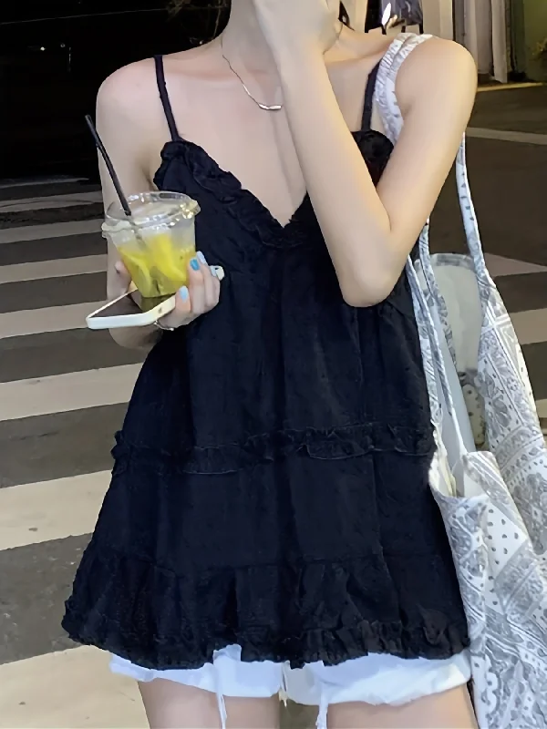Weekend Discounts to Enjoy Sixsr Solid Spaghetti Strap Top, Casual Ruffle Hem Sleeveless Cami Top For Summer, Women's Clothing