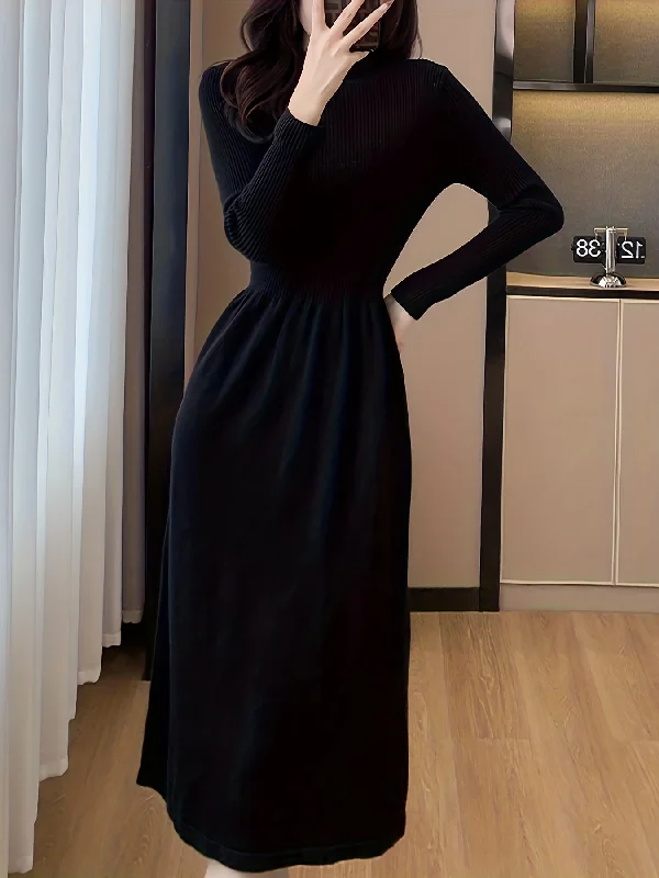 Weekend Specials to Indulge In Sixsr Solid Long Sleeve Knit Dress, Elegant Mock Neck A-line Dress For Fall & Winter, Women's Clothing Weekend Specials to Indulge In Sixsr Solid Long Sleeve Knit Dress, Elegant Mock Neck A-line Dress For Fall & Winter, Women's Clothing