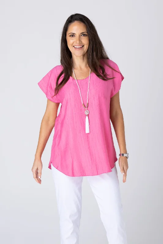 Extra Savings Pink Woven Bamboo Short Sleeve Top