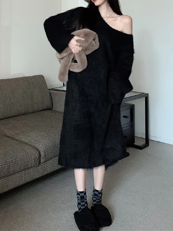 Weekend Specials to Enjoy Sixsr Solid Faux Fur Long Sleeve Dress, Thermal V Neck Dress For Fall & Winter, Women's Clothing Weekend Specials to Enjoy Sixsr Solid Faux Fur Long Sleeve Dress, Thermal V Neck Dress For Fall & Winter, Women's Clothing