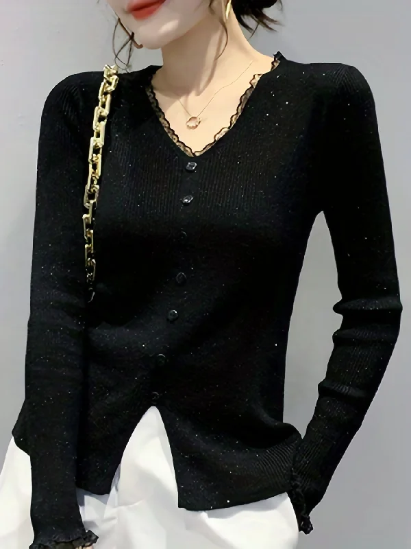 Weekend Shopping Extravaganza Sixsr Lace V Neck Button Front Knit Cardigan, Elegant Long Sleeve Slim Sweater, Women's Clothing Weekend Shopping Extravaganza Sixsr Lace V Neck Button Front Knit Cardigan, Elegant Long Sleeve Slim Sweater, Women's Clothing