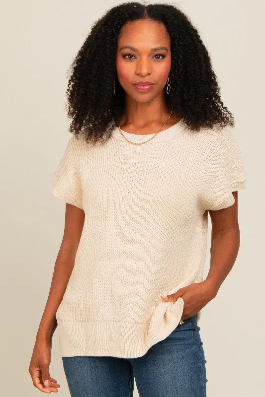 Weekend Bargains to Love Beige Dolman Short Sleeve Side Slit Sweater Top