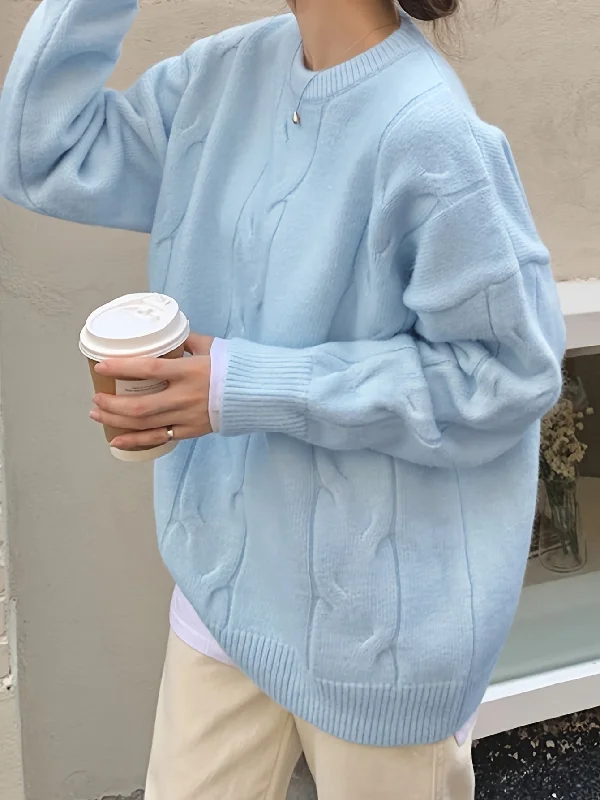 Weekend Discounts to Love Sixsr Solid Cable Knit Loose Sweater, Casual Crew Neck Long Sleeve Sweater, Women's Clothing Weekend Discounts to Love Sixsr Solid Cable Knit Loose Sweater, Casual Crew Neck Long Sleeve Sweater, Women's Clothing
