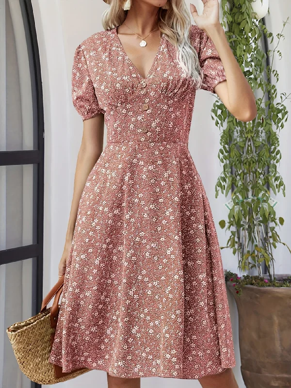 Weekend Offers That Excite Floral Print V Neck Dress, Elegant Short Sleeve Dress For Spring & Summer, Women's Clothing Weekend Offers That Excite Floral Print V Neck Dress, Elegant Short Sleeve Dress For Spring & Summer, Women's Clothing