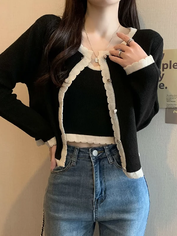 Savings Galore Sixsr Scallop Trim Button Up Knit Cardigan, Elegant Long Sleeve Slim Crop Cardigan, Women's Clothing Savings Galore Sixsr Scallop Trim Button Up Knit Cardigan, Elegant Long Sleeve Slim Crop Cardigan, Women's Clothing