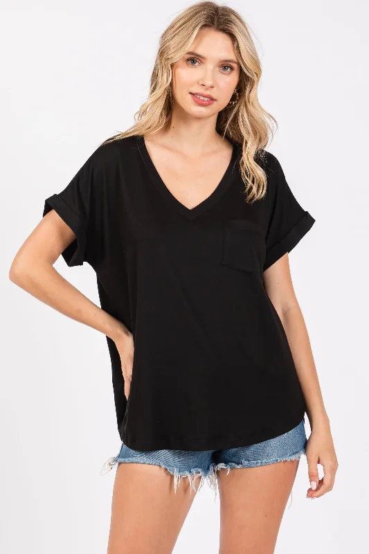 Reduced Price Black V-Neck Pocket Short Sleeve Shirt