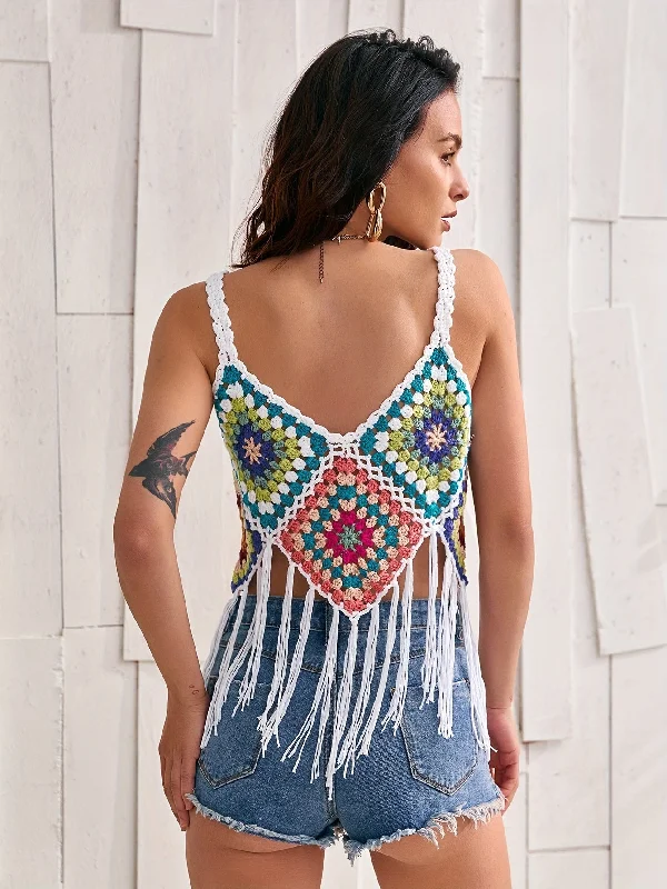 Weekend Discounts to Enjoy Color Block Crochet Backless Cami Top, Elegant V-neck Sleeveless Tassel Top For Summer, Women's Clothing Weekend Discounts to Enjoy Color Block Crochet Backless Cami Top, Elegant V-neck Sleeveless Tassel Top For Summer, Women's Clothing