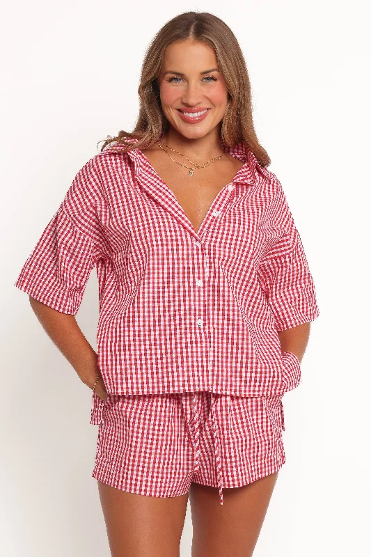 Weekend Savings Spree Maeo Short Sleeve Top - Red Check