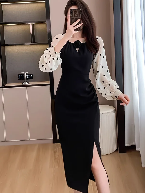 Weekend Deals That Dazzle Sixsr  Colorblock Contrast Dot Pattern Split Dress, Casual Long Sleeve Bodycon Dress, Women's Clothing