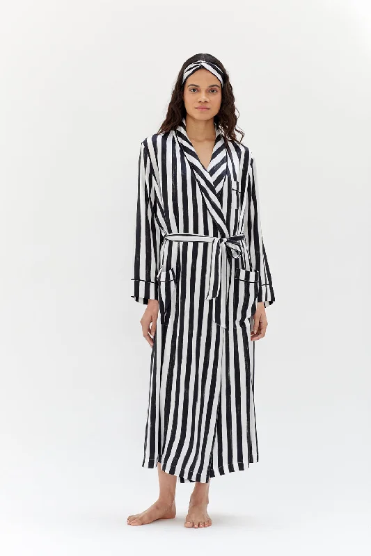 Weekend Deals That Spark Ainsley Classic Long Black Stripe Print Silk Robe