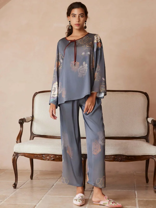 Stock Clearance Asian Vintage Floral Peony Pajama Set 2Pcs