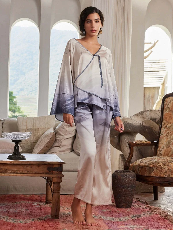 Weekend Bargains to Snag Asian Vintage Texture Painting Pajama Set 2Pcs with Blouse and Pants