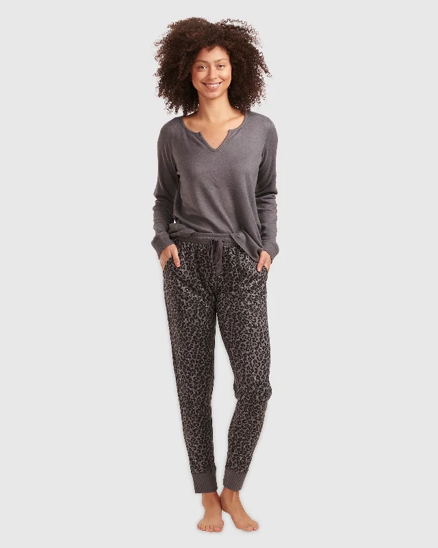 Weekend Specials to Delight Charcoal Animal Print Split Neck Pullover PJ Set