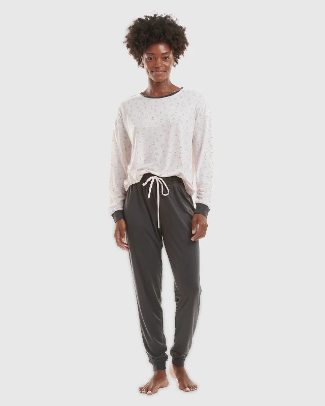 Don't Miss Out Charcoal Scratch Dot Pullover Jogger PJ Set