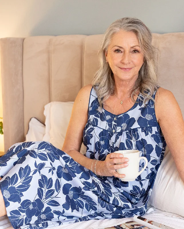 New Deal Evette Blue Floral Print Long Nightdress
