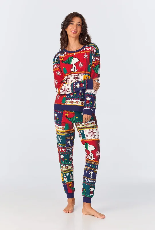 Fairisle Snoopy® Long Sleeve Pullover Crew and Jogger Stretch Jersey PJ Set