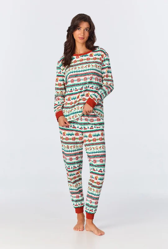 Festive Fairisle Long Sleeve Pullover Crew and Jogger Stretch Jersey PJ Set