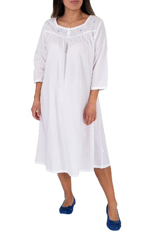 French Country 100% Cotton Nightgown with 3/4 Sleeve in White FCA533