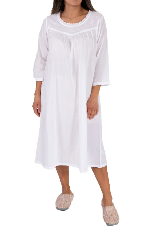 French Country 100% Cotton Nightgown with 3/4 Sleeve in White FCA572