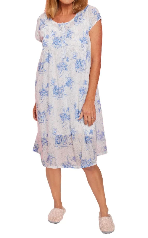 French Country 100% Cotton Nightgown with Cap Sleeve in White and Blue Floral FCB245V