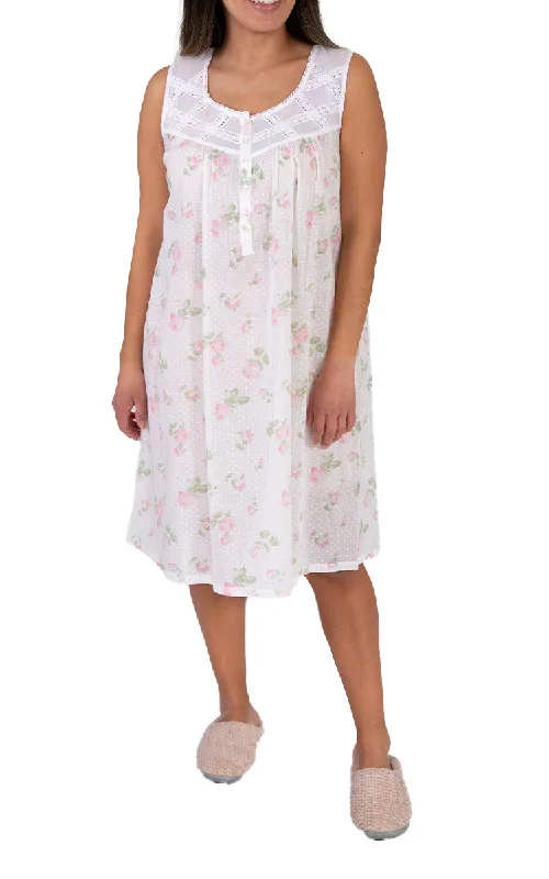 French Country 100% Cotton Nightgown Sleeveless in White and Pink Floral FCW132V