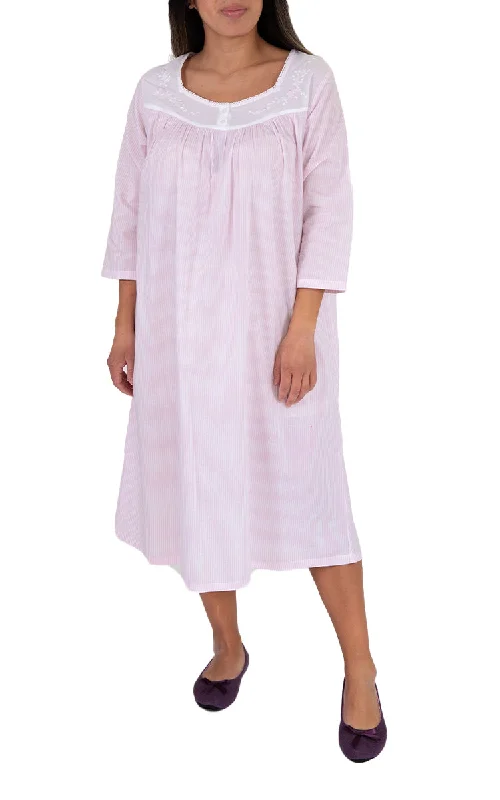 French Country 100% Cotton Nightgown with 3/4 Sleeve Pink and White Stripe FCA540