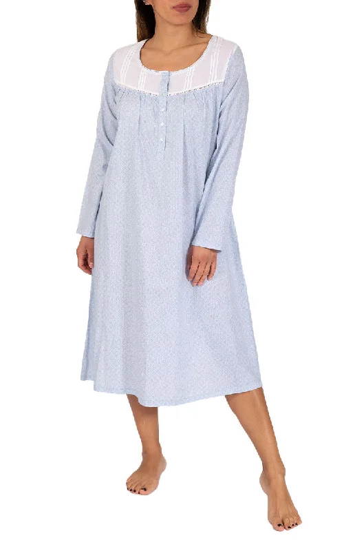 Special Discount French Country 100% Cotton Nightgown with Long Sleeve in Blue and White Floral FCU340