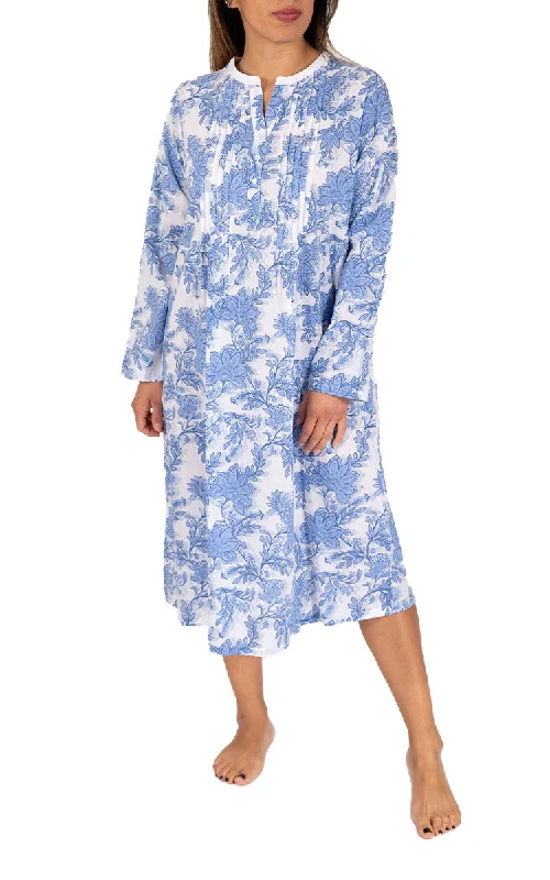 Value Deals French Country 100% Cotton Nightgown with Long Sleeve in White and Blue Floral FCU386 Value Deals French Country 100% Cotton Nightgown with Long Sleeve in White and Blue Floral FCU386