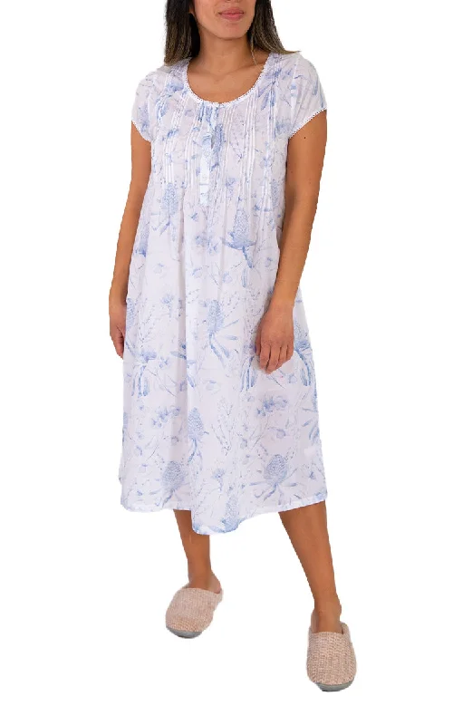 Extra Discount French Country 100% Cotton Nightgown with Cap Sleeve in White and Blue Floral FCW104 Extra Discount French Country 100% Cotton Nightgown with Cap Sleeve in White and Blue Floral FCW104