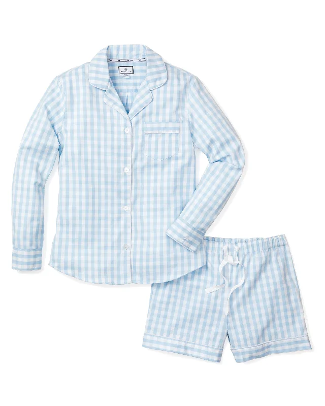 New Deal Women's Twill Pajama Long Sleeve Short Set in Light Blue Gingham