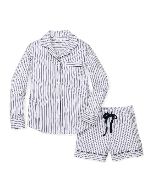 Crazy Savings Women's Twill Long Sleeve Short Set in Navy French Ticking