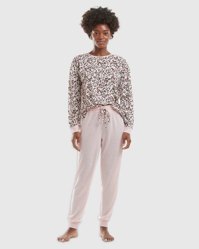 Bargain Alert Mauve Heather Leopard Print Pullover Jogger PJ Set